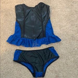 Pleather Corset And Lace Lingerie Set